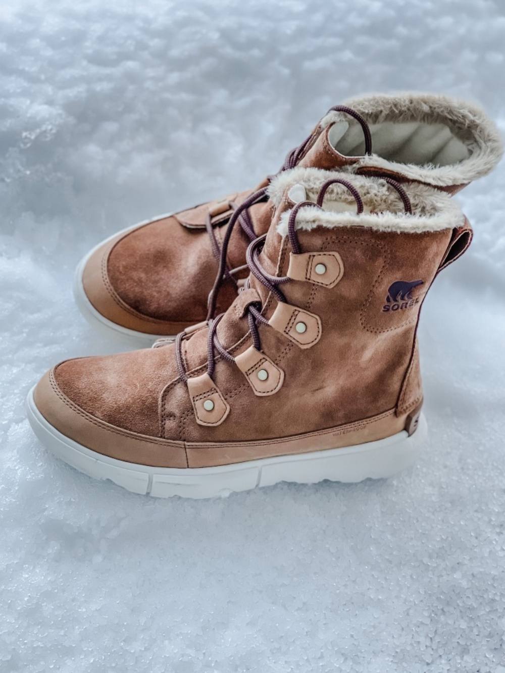 SOREL Snow Boots Women's EXPLORER II JOAN FAUX FUR WP Tan Fawn Camel Brown 9
